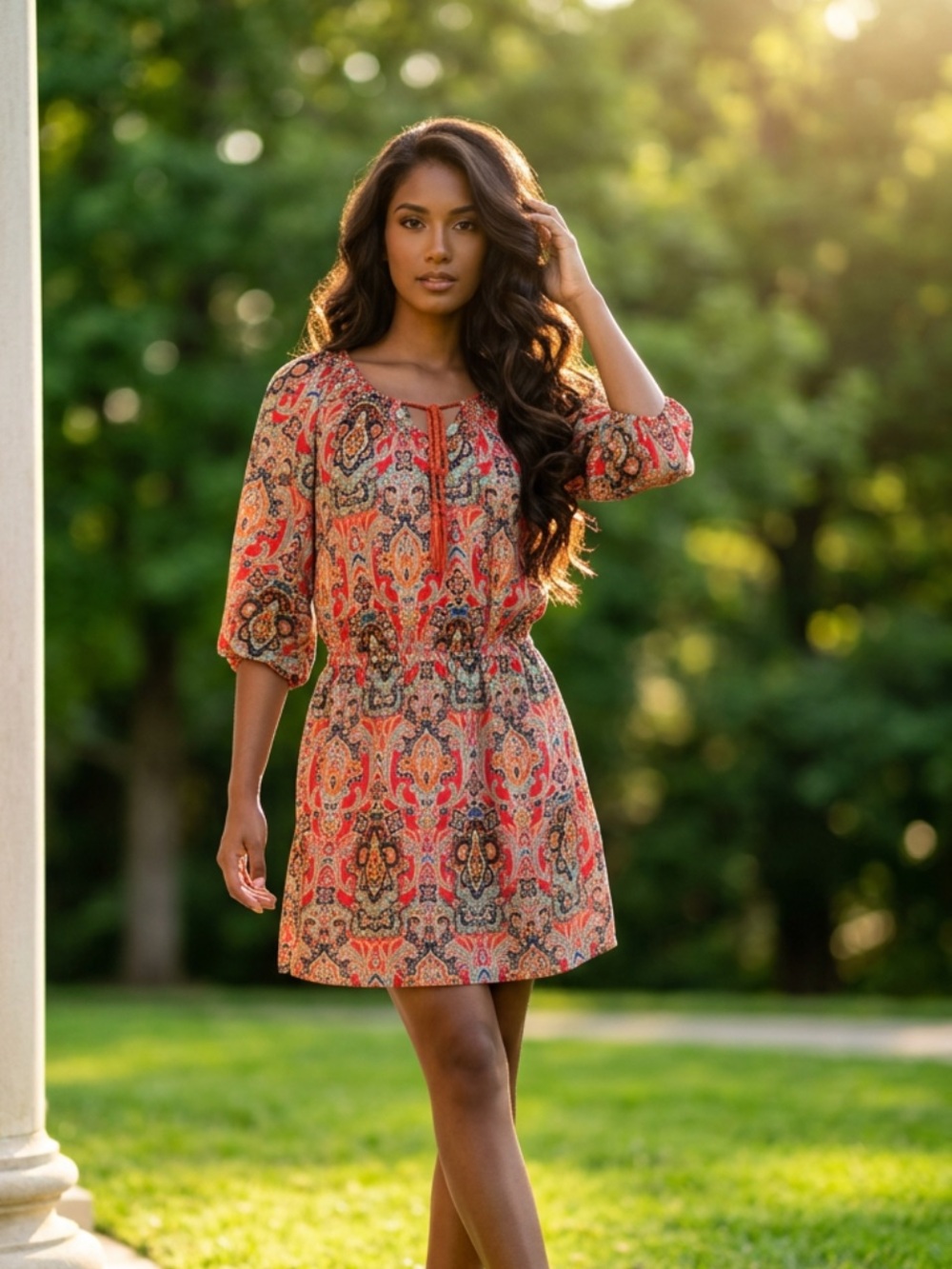 Paisley Tie-Neck Elastic-Waist Mini Dress in Coral